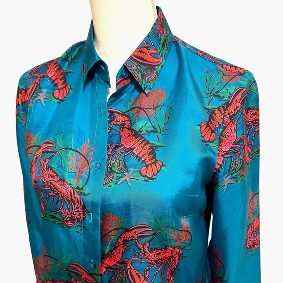 J. CREW COLLECTION Silk Twill Vibrant Lobster Print Button Up Shirt. Siz… - Picture 2 of 13